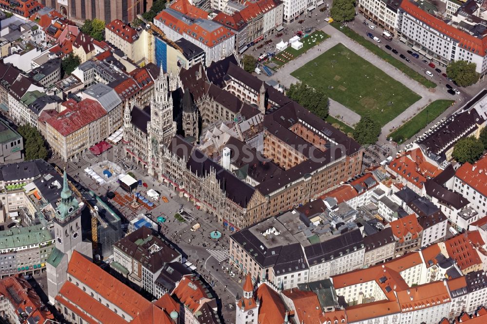 München from the bird's eye view: The new city hall between Marienplatz and Marienhof in the pedestrianized center of Munich in the state Bavaria