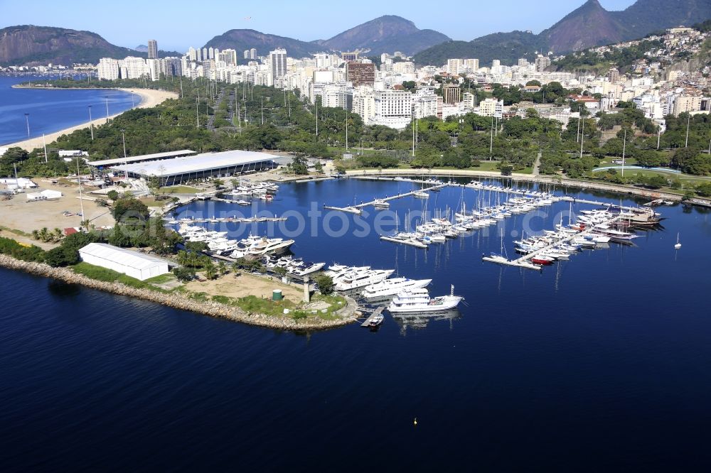 Rio de Janeiro from above - Pleasure boat marina with docks and moorings on the shore area Baia de Guanabara in Rio de Janeiro in Brazil