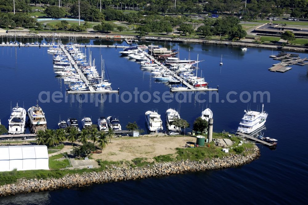 Aerial image Rio de Janeiro - Pleasure boat marina with docks and moorings on the shore area Baia de Guanabara in Rio de Janeiro in Brazil