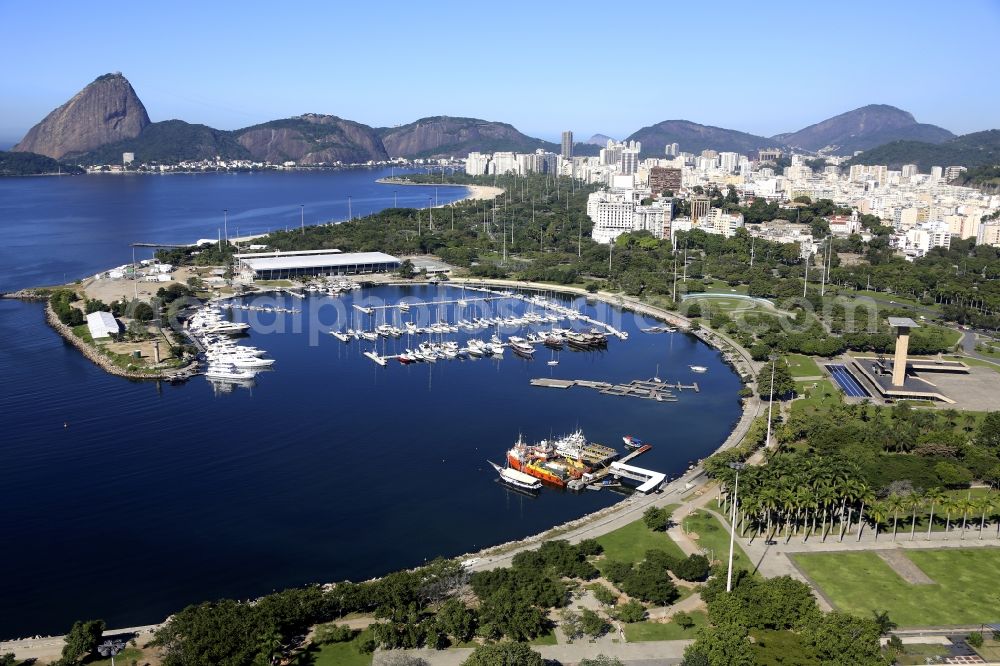 Rio de Janeiro from above - Pleasure boat marina with docks and moorings on the shore area Baia de Guanabara in Rio de Janeiro in Brazil