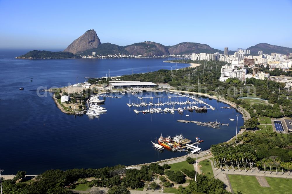 Rio de Janeiro from the bird's eye view: Pleasure boat marina with docks and moorings on the shore area Baia de Guanabara in Rio de Janeiro in Brazil