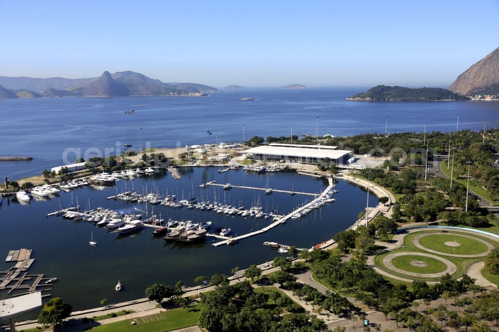 Aerial image Rio de Janeiro - Pleasure boat marina with docks and moorings on the shore area Baia de Guanabara in Rio de Janeiro in Brazil