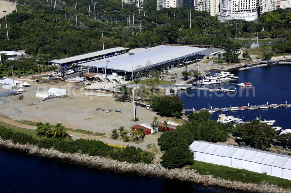 Rio de Janeiro from the bird's eye view: Pleasure boat marina with docks and moorings on the shore area Baia de Guanabara in Rio de Janeiro in Brazil