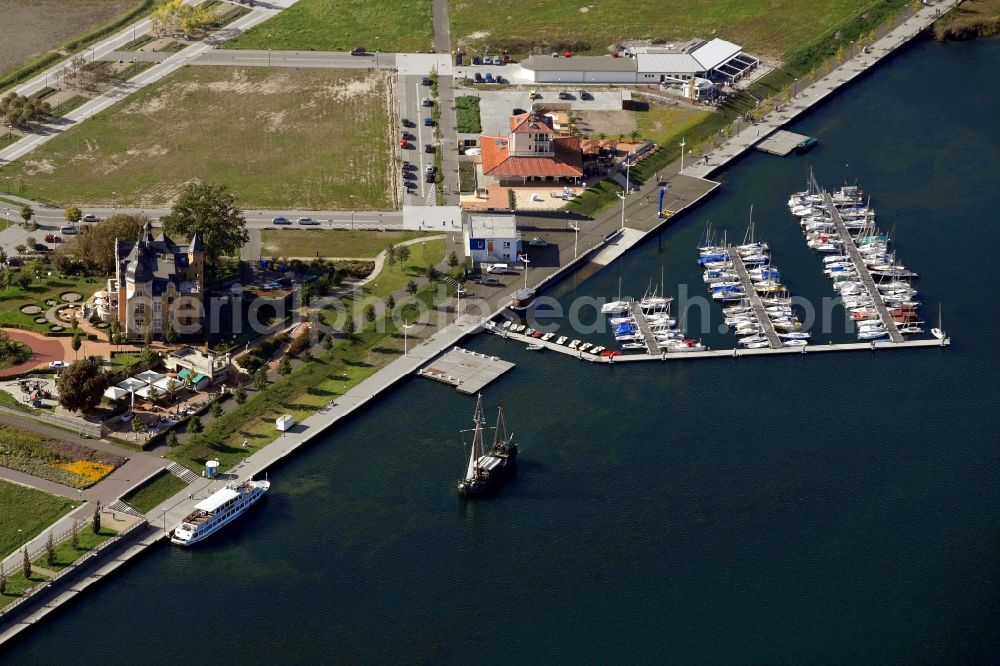 Bitterfeld-Wolfen from the bird's eye view: Marina - harbour area on the shore of Bernsteinsee - Goitzschesee in Bitterfeld-Wolfen in the state Saxony-Anhalt, Germany