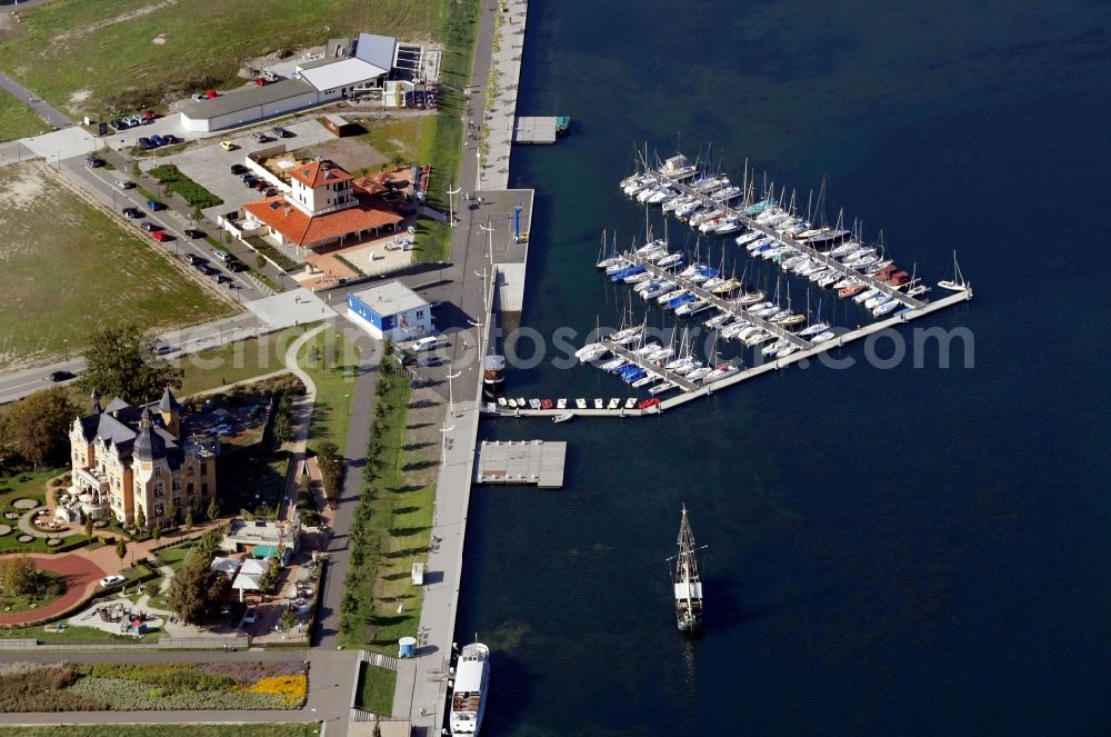 Aerial image Bitterfeld-Wolfen - Marina - harbour area on the shore of Bernsteinsee - Goitzschesee in Bitterfeld-Wolfen in the state Saxony-Anhalt, Germany