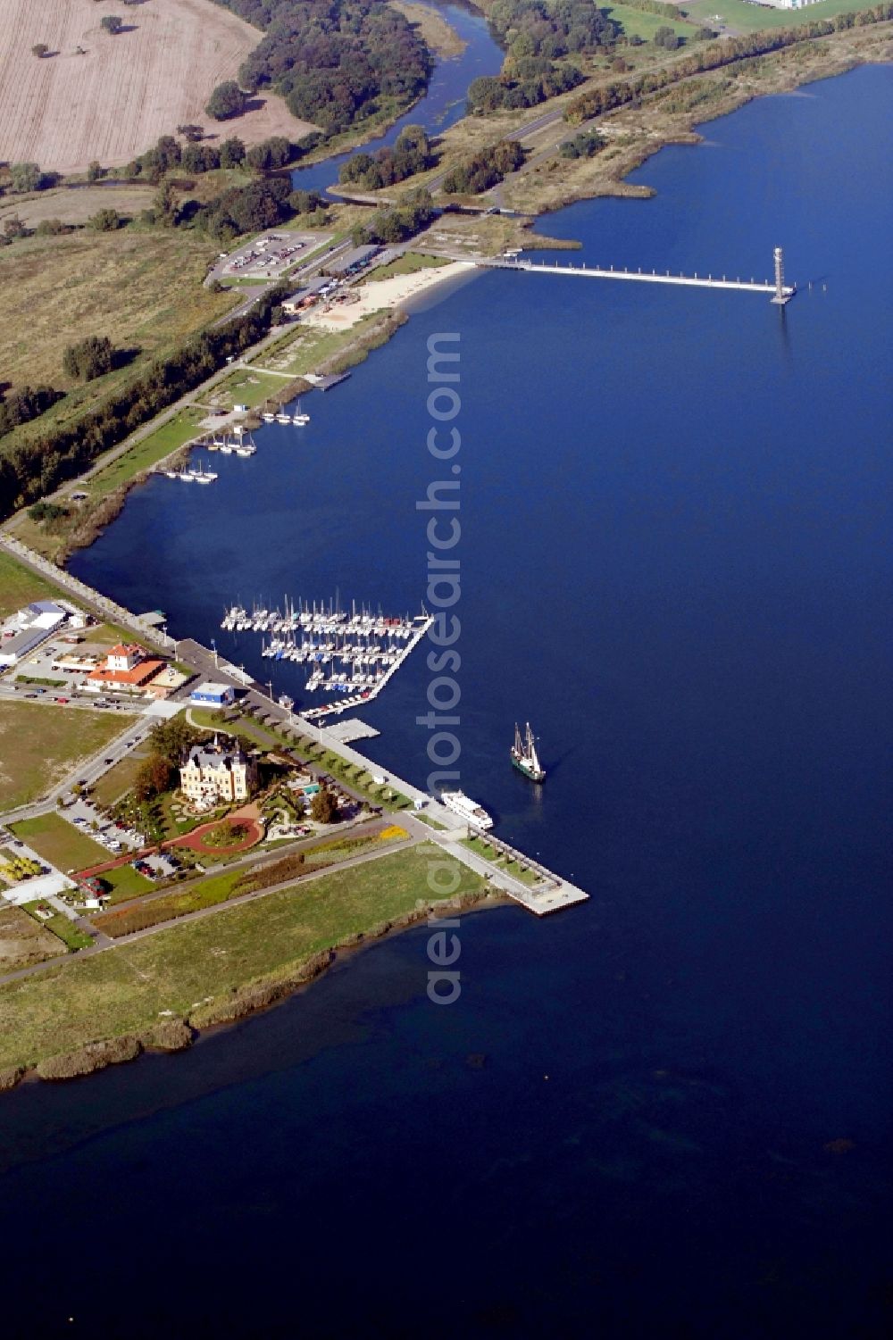 Bitterfeld-Wolfen from above - Marina - harbour area on the shore of Bernsteinsee - Goitzschesee in Bitterfeld-Wolfen in the state Saxony-Anhalt, Germany