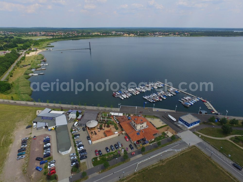 Bitterfeld-Wolfen from above - Marina - harbour area on the shore of Bernsteinsee - Goitzschesee in Bitterfeld-Wolfen in the state Saxony-Anhalt, Germany