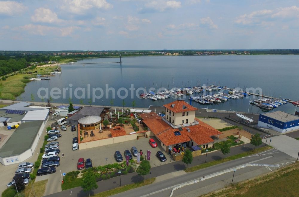 Bitterfeld-Wolfen from the bird's eye view: Marina - harbour area on the shore of Bernsteinsee - Goitzschesee in Bitterfeld-Wolfen in the state Saxony-Anhalt, Germany