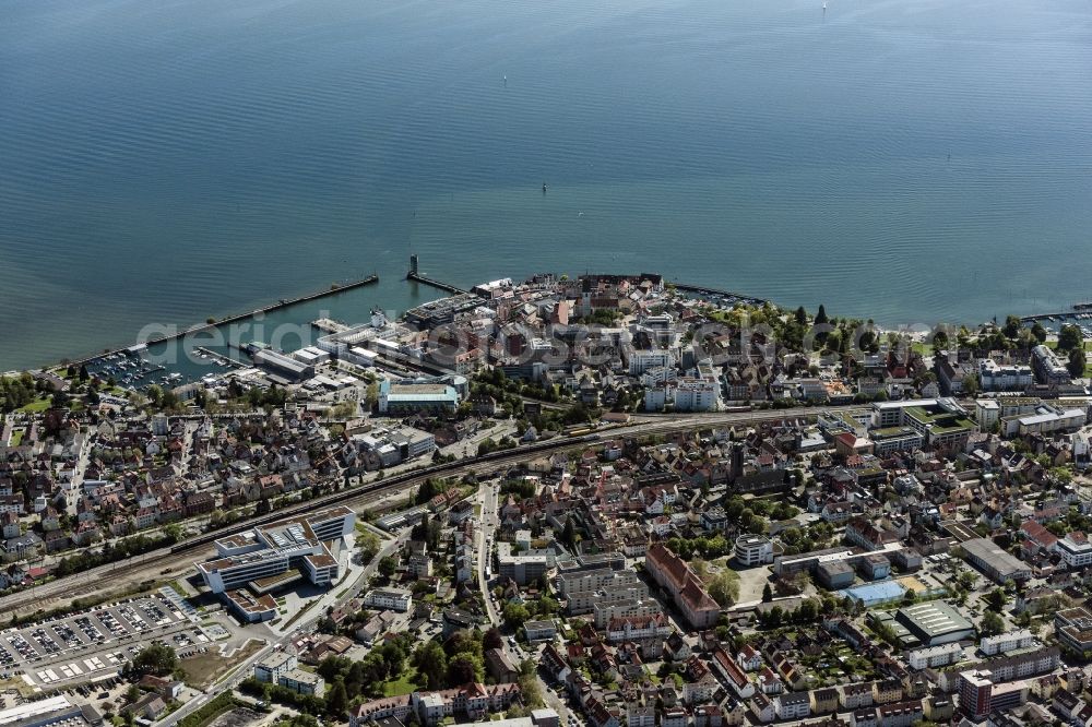 Friedrichshafen from above - Marina - harbour area on the shore of Bodensees in Friedrichshafen in the state Baden-Wuerttemberg, Germany