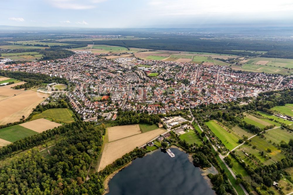 Aerial image Linkenheim-Hochstetten - Marina - harbour area on the shore of Linkenheimer Baggersees with Segel Club Linkenheim e.V. and Surfclub Linkenheim in Linkenheim-Hochstetten in the state Baden-Wuerttemberg, Germany