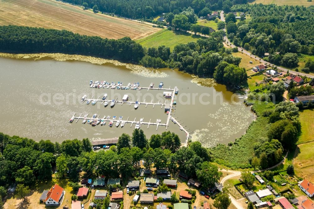 Buchholz from above - Marina - harbour area on the shore of Lake Mueritzsee in Buchholz in the state of Mecklenburg - Western Pomerania