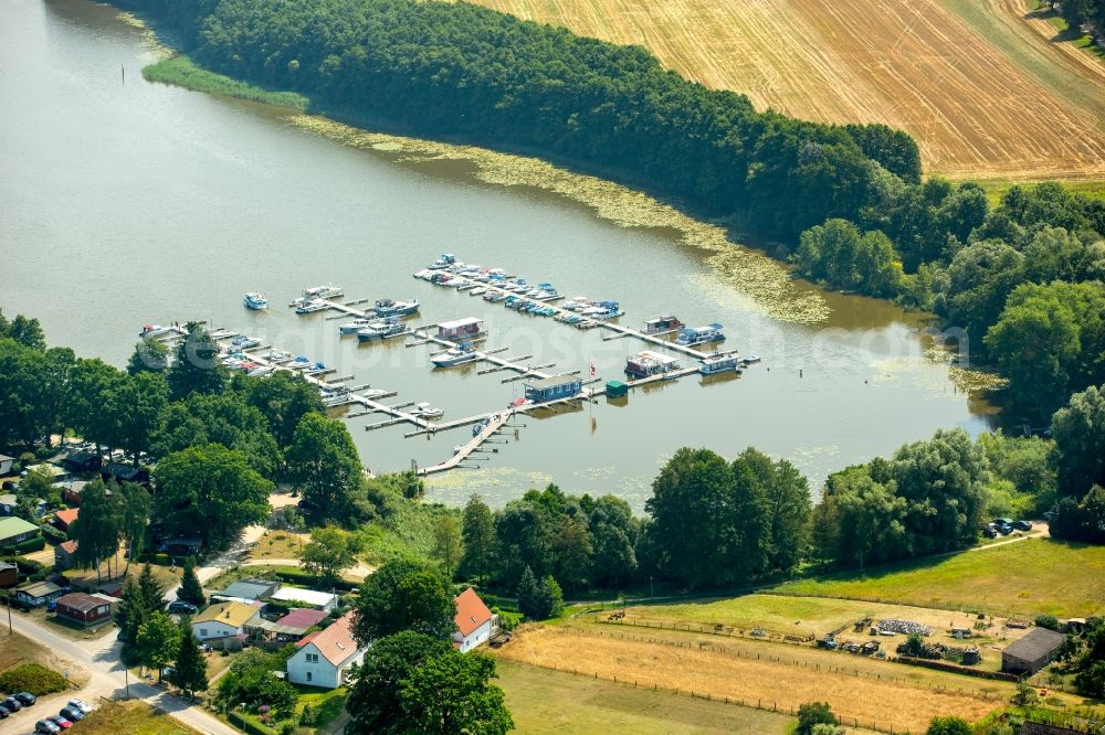 Buchholz from above - Marina - harbour area on the shore of Lake Mueritzsee in Buchholz in the state of Mecklenburg - Western Pomerania