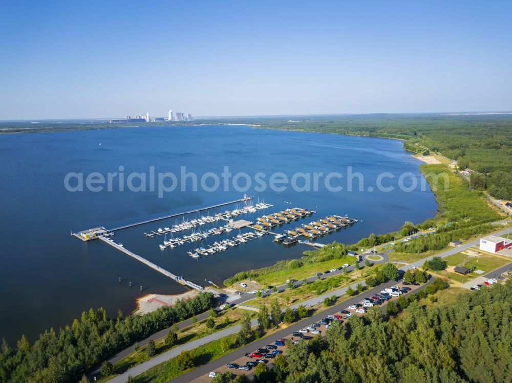 Boxberg from above - Marina Klitten - harbor area on the shore of the Baerwalder See on the street Marina Klitten in Boxberg Lausitz in the state of Saxony, Germany