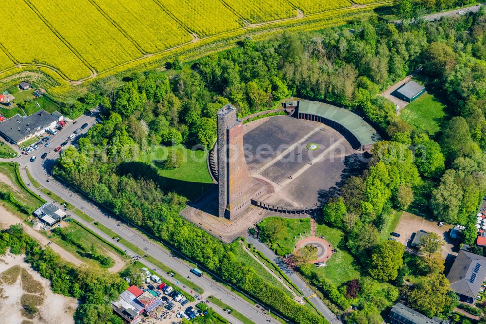 Laboe from above - Naval memorial of the DMB Deutscher Marinebund as a landmark of the Kieler Foerde in Laboe in the state Schleswig-Holstein, Germany