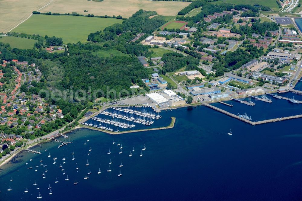 Aerial image Eckernförde - Naval base of the german navy with ships anchoring in the haven in Eckernfoerde in the state Schleswig-Holstein