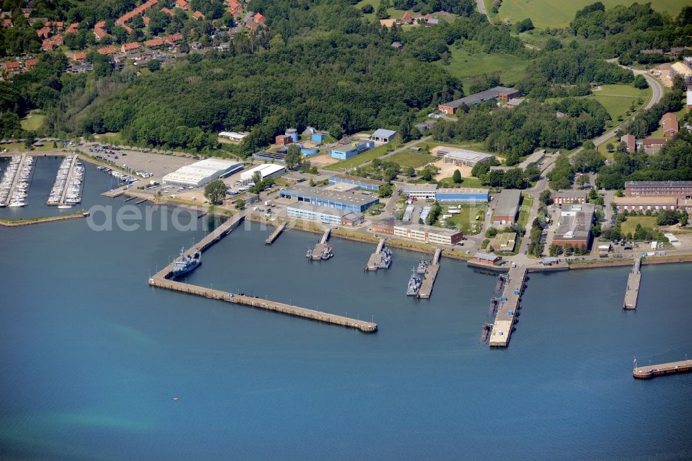 Aerial image Eckernförde - Naval base of the german navy with ships anchoring in the haven in Eckernfoerde in the state Schleswig-Holstein