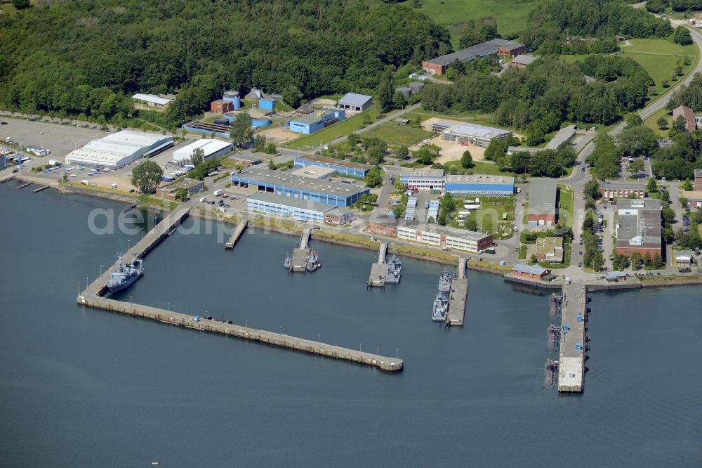 Eckernförde from above - Naval base of the german navy with ships anchoring in the haven in Eckernfoerde in the state Schleswig-Holstein