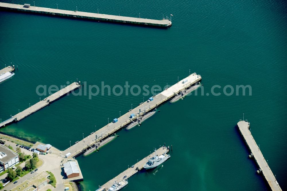 Aerial image Eckernförde - Naval base of the german navy with ships anchoring in the haven at the coastline of the baltic sea in Eckernfoerde in the state Schleswig-Holstein