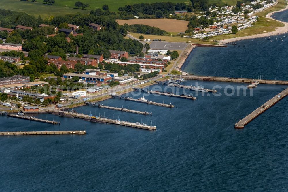 Eckernförde from the bird's eye view: Naval base of the german navy with ships anchoring in the haven in Eckernfoerde in the state Schleswig-Holstein