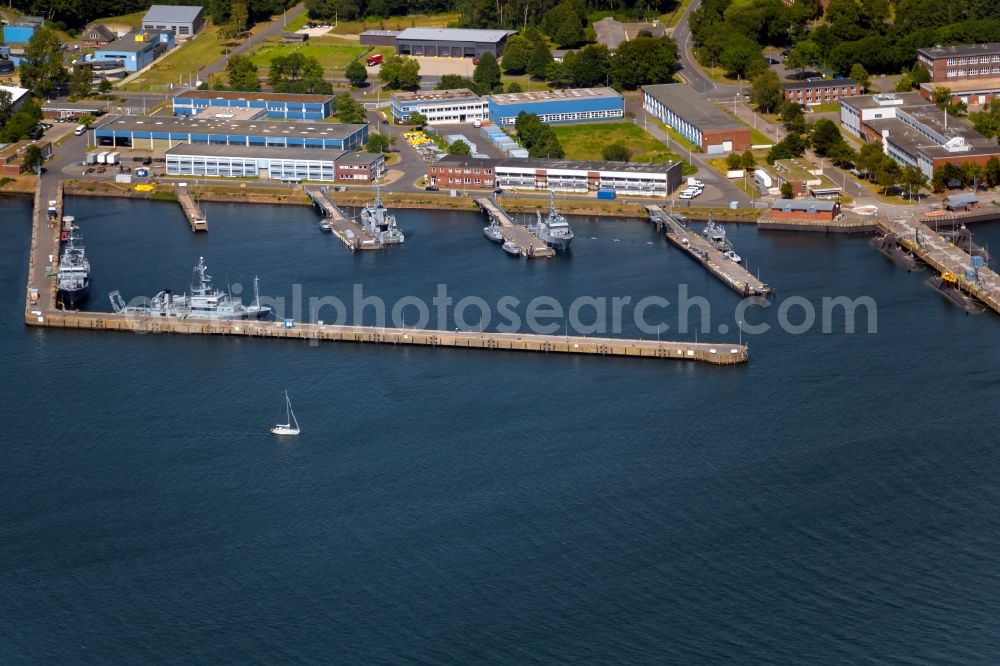 Eckernförde from the bird's eye view: Naval base of the german navy with ships anchoring in the haven in Eckernfoerde in the state Schleswig-Holstein