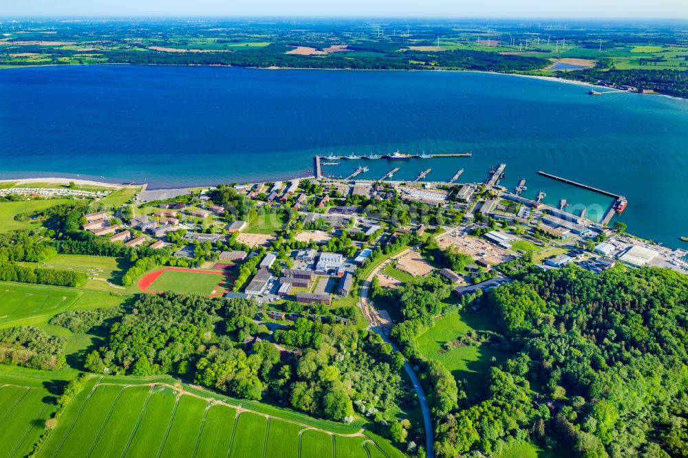 Eckernförde from the bird's eye view: Naval base of the german navy with ships anchoring in the haven in Eckernfoerde in the state Schleswig-Holstein