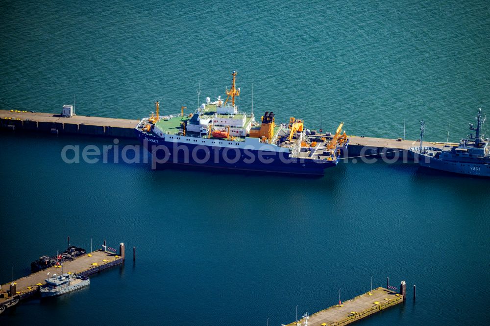 Eckernförde from the bird's eye view: Naval base of the german navy with ships anchoring in the haven in Eckernfoerde in the state Schleswig-Holstein