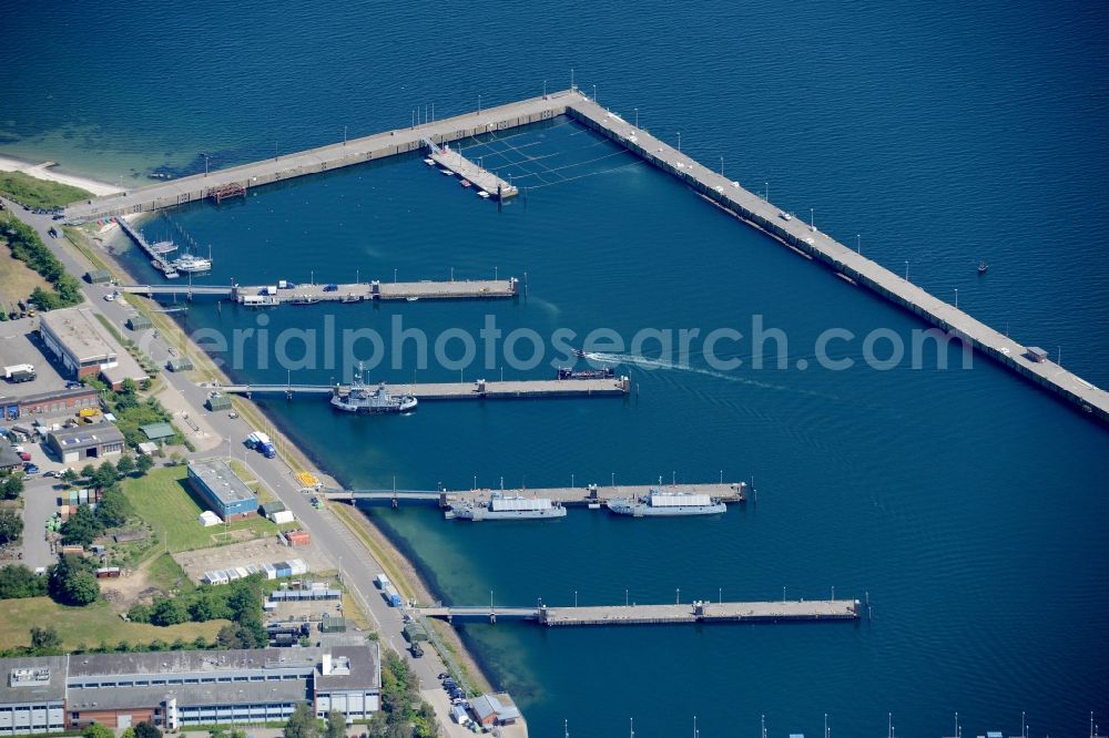 Eckernförde from above - Naval base of the german navy with ships anchoring in the haven in Eckernfoerde in the state Schleswig-Holstein