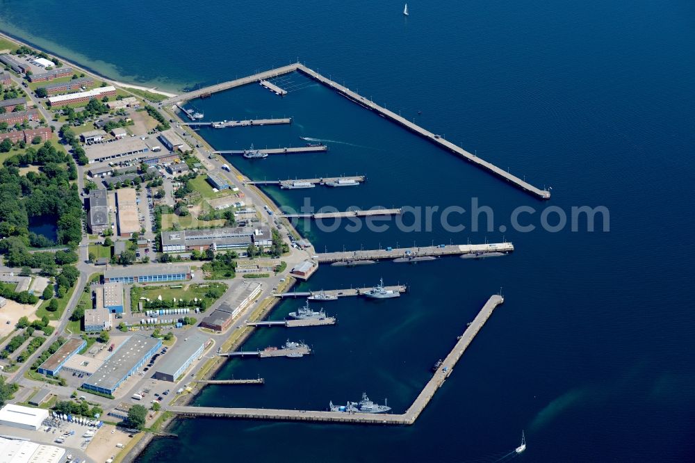 Eckernförde from the bird's eye view: Naval base of the german navy with ships anchoring in the haven in Eckernfoerde in the state Schleswig-Holstein