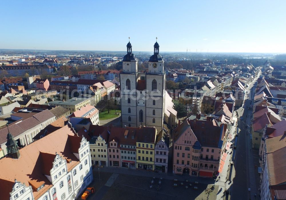 Aerial image Lutherstadt Wittenberg - Square with the old town hall and the St. Mary's Church in Wittenberg in Saxony-Anhalt