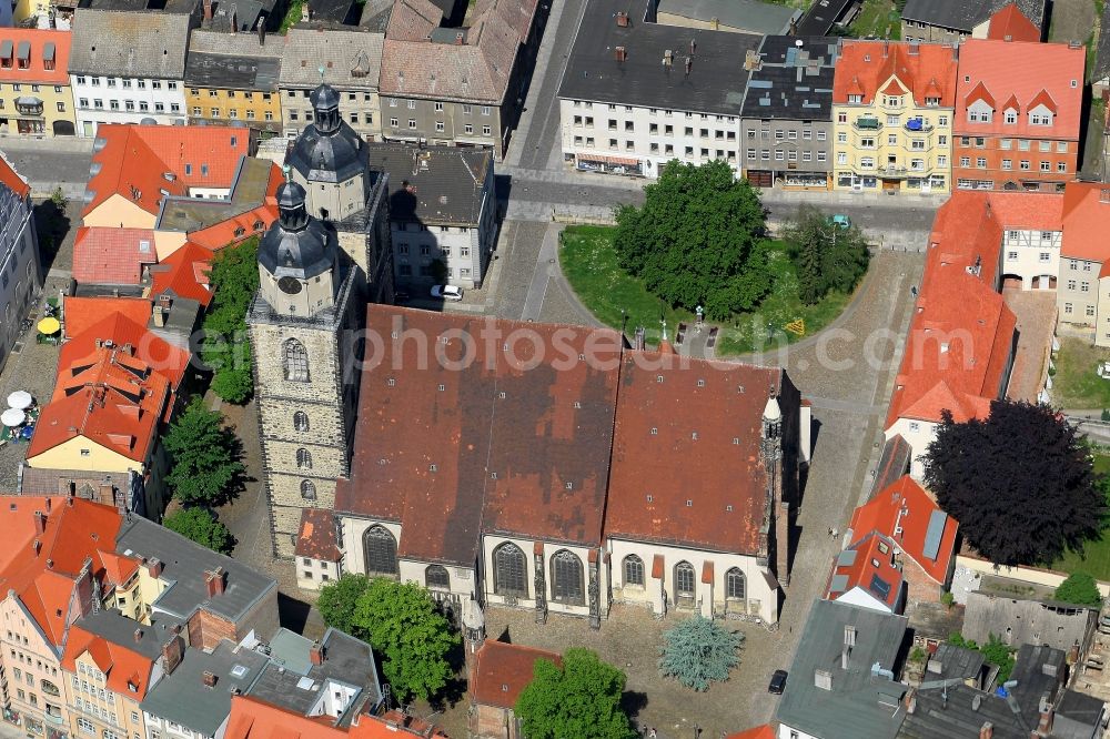 Lutherstadt Wittenberg from above - Square with the old town hall and the St. Mary's Church in Wittenberg in Saxony-Anhalt