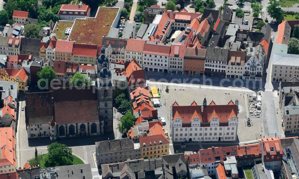 Aerial image Lutherstadt Wittenberg - Square with the old town hall and the St. Mary's Church in Wittenberg in Saxony-Anhalt