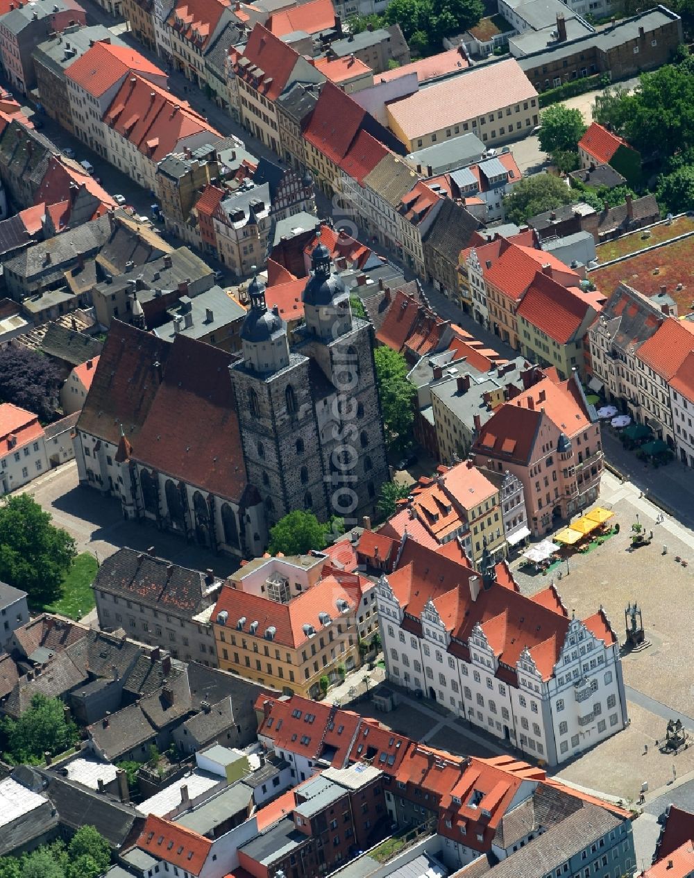 Lutherstadt Wittenberg from above - Square with the old town hall and the St. Mary's Church in Wittenberg in Saxony-Anhalt