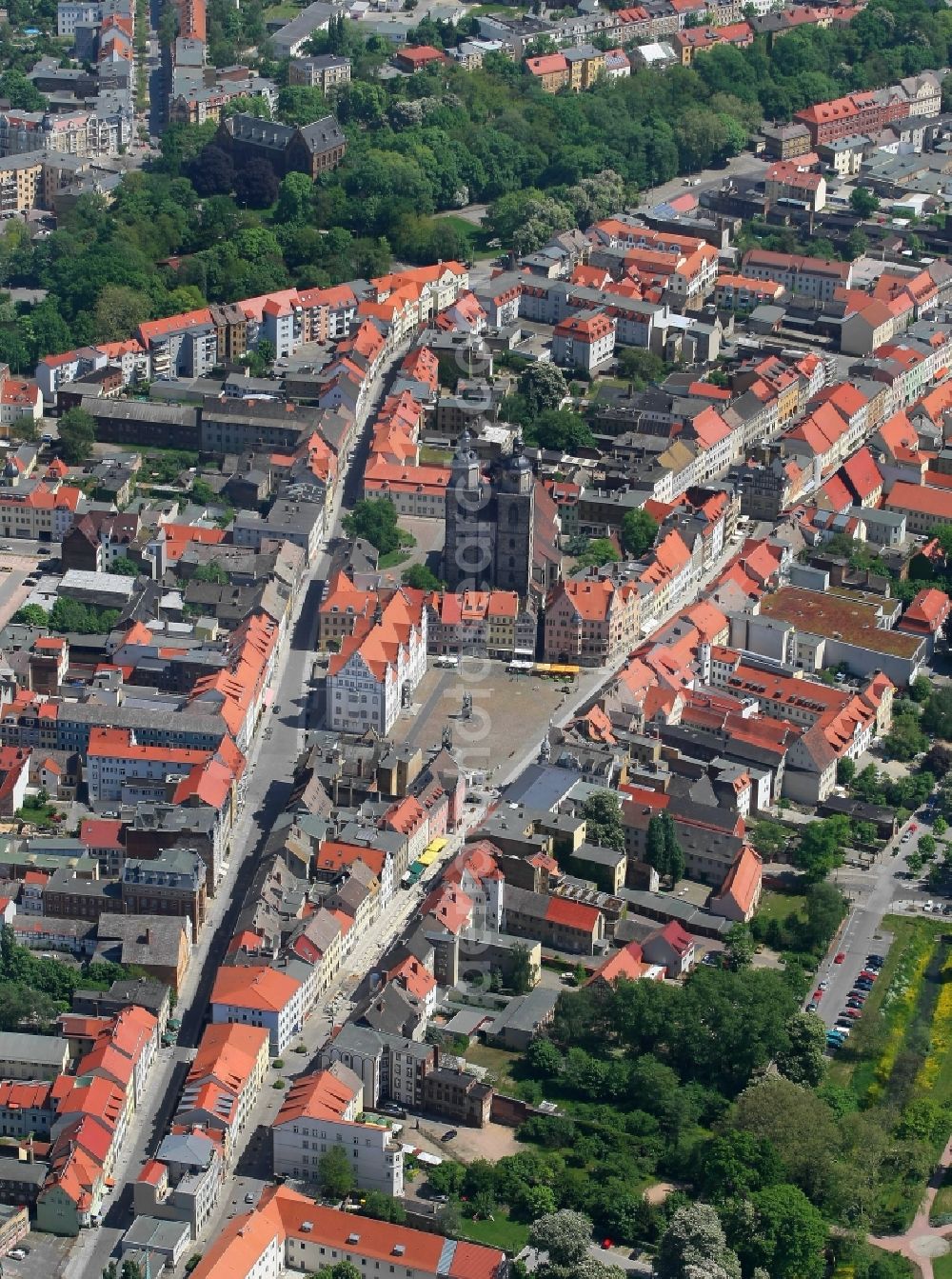 Aerial image Lutherstadt Wittenberg - Square with the old town hall and the St. Mary's Church in Wittenberg in Saxony-Anhalt