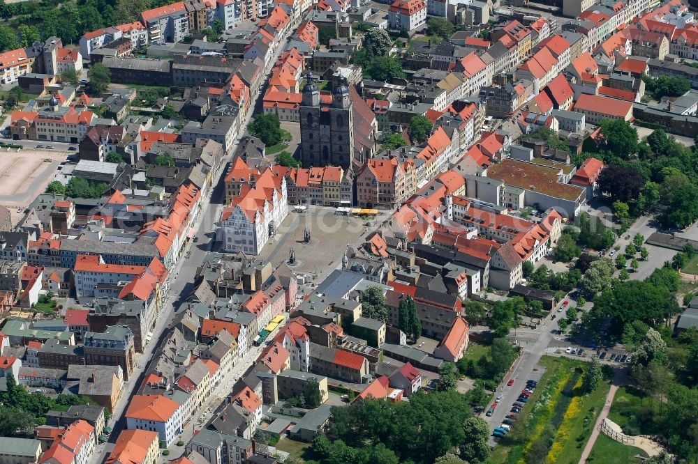 Lutherstadt Wittenberg from above - Square with the old town hall and the St. Mary's Church in Wittenberg in Saxony-Anhalt