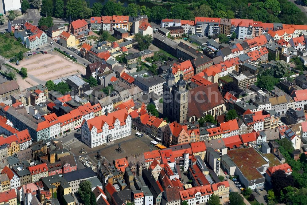 Aerial image Lutherstadt Wittenberg - Square with the old town hall and the St. Mary's Church in Wittenberg in Saxony-Anhalt