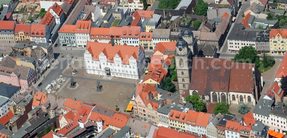 Aerial photograph Lutherstadt Wittenberg - Square with the old town hall and the St. Mary's Church in Wittenberg in Saxony-Anhalt