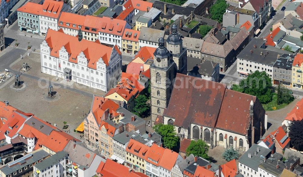 Lutherstadt Wittenberg from above - Square with the old town hall and the St. Mary's Church in Wittenberg in Saxony-Anhalt