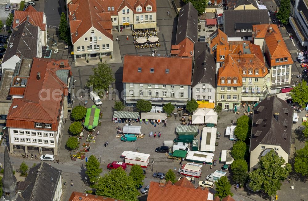 Aerial image Werl - Market place in the historical city center of Werl in the state North Rhine-Westphalia. Some of the old town houses are obtained in the city center