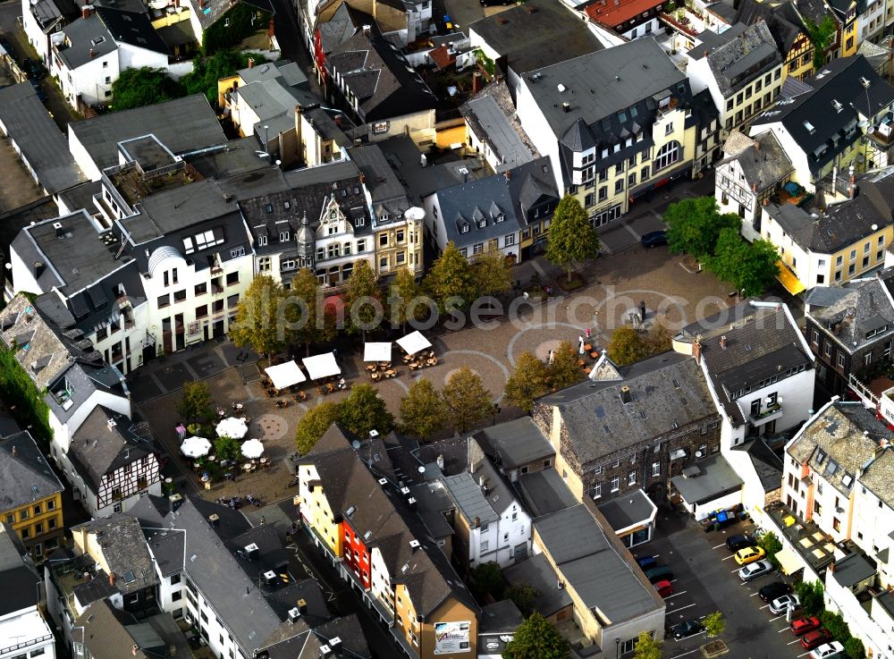 Aerial image Andernach - View of the market square in the town centre of Andernach in the state of Rhineland-Palatinate. Andernach is located in the county district of Mayen-Koblenz and considered one of the oldest towns in Germany. The market square is surrounded by historic buildings