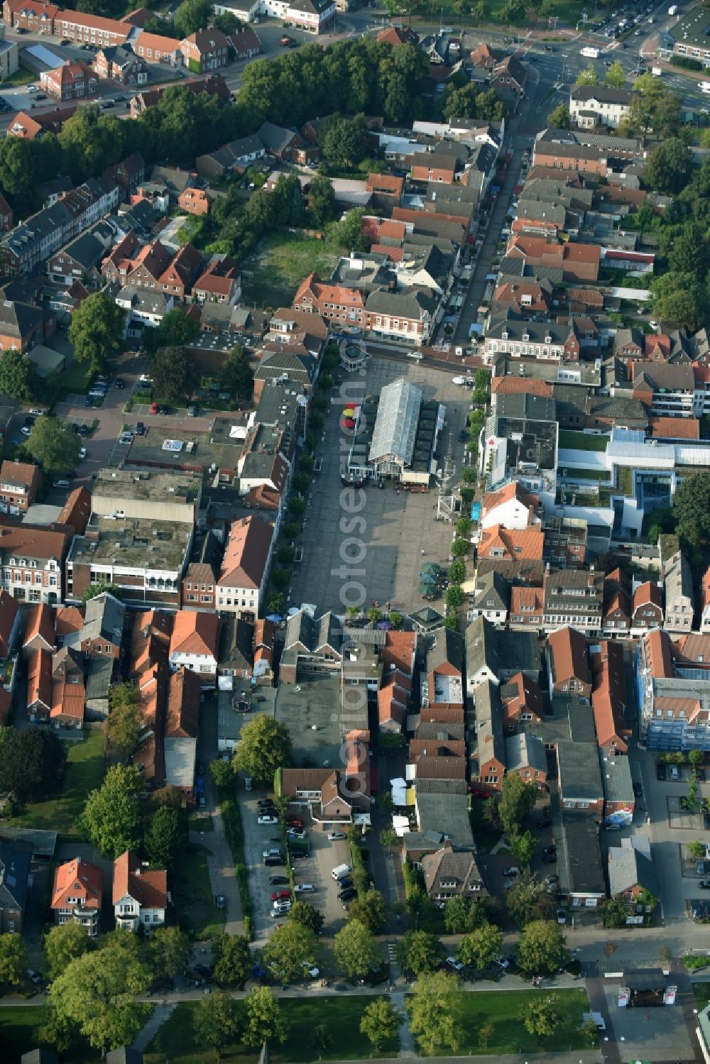 Aurich from above - Ensemble space at the market in the inner city center in Aurich in the state Lower Saxony