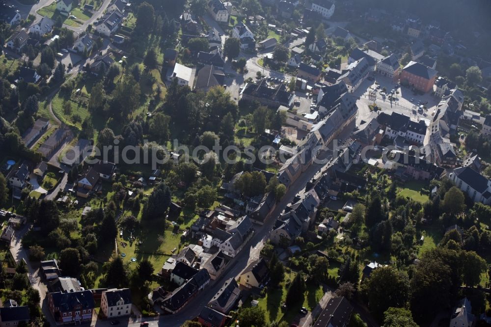 Aerial image Hartenstein - Ensemble space Marktplatz in the inner city center in Hartenstein in the state Saxony