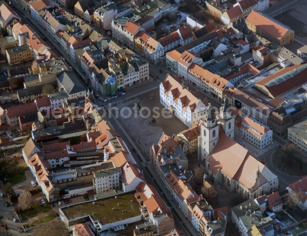 Aerial photograph Lutherstadt Wittenberg - Square with the town hall and the St. Mary's Church in Wittenberg in Saxony-Anhalt