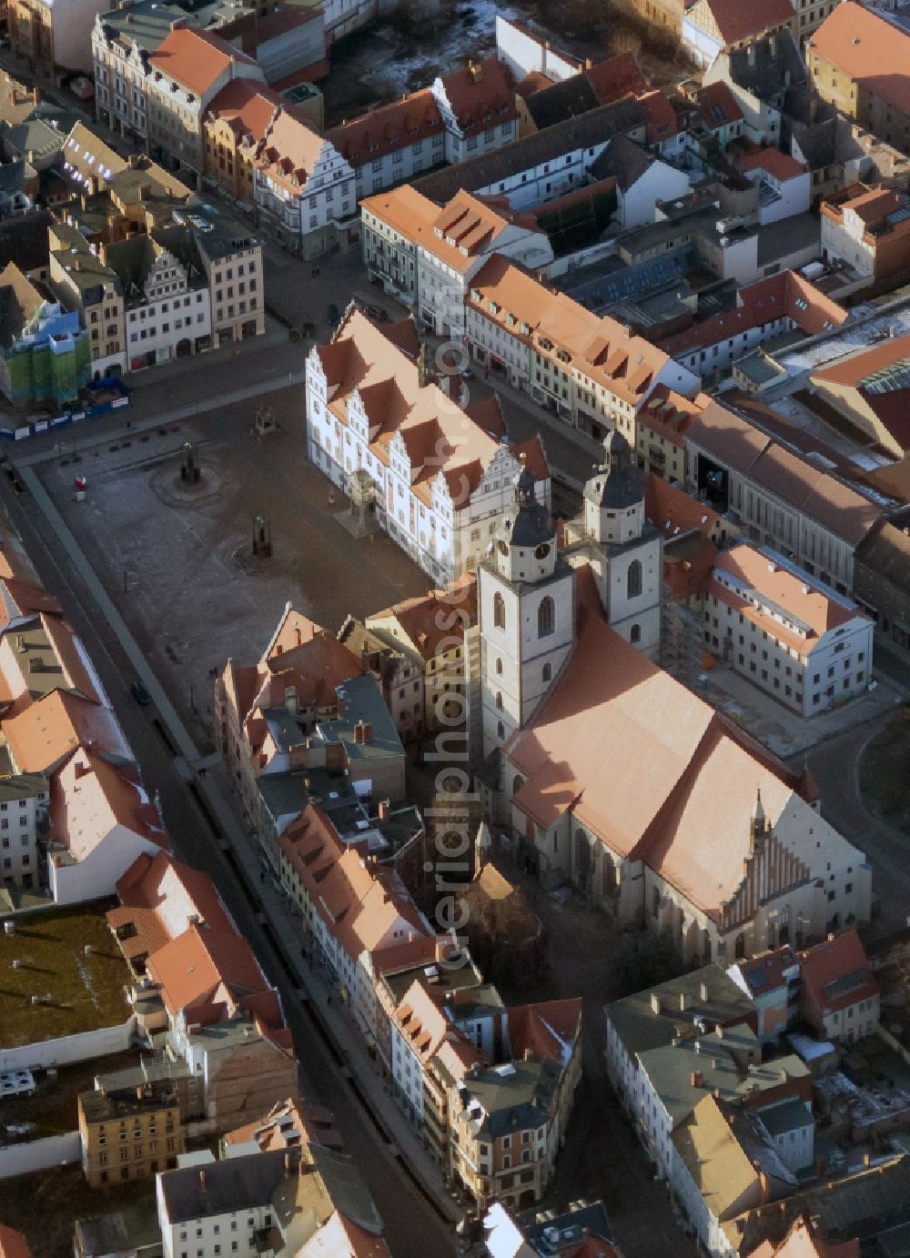 Lutherstadt Wittenberg from above - Square with the town hall and the St. Mary's Church in Wittenberg in Saxony-Anhalt