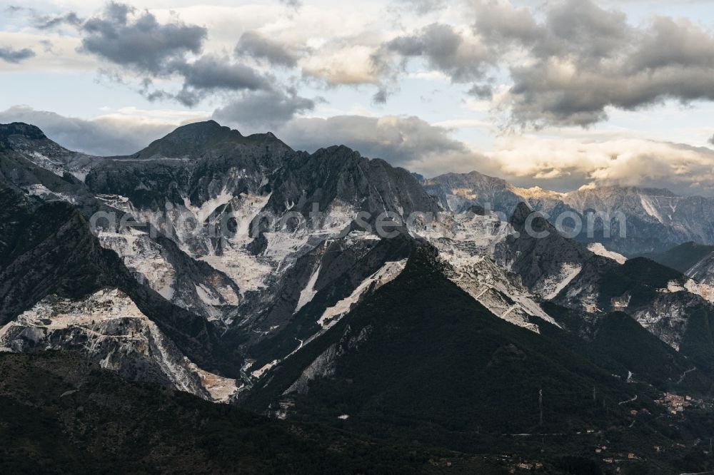 Aerial photograph Carrara - Marble quarry on the suburbs in Tuscany in Italy