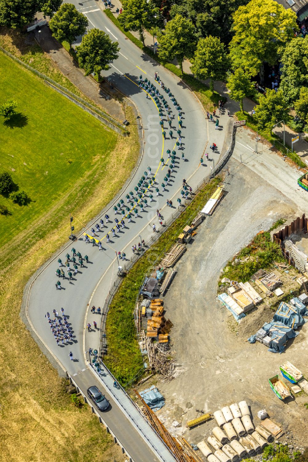 Aerial image Arnsberg - Participating in the marching formationof St. Sebastianus Schuetzenbruderschaft 1766 e.V. on street L735 in Arnsberg at Sauerland in the state North Rhine-Westphalia, Germany