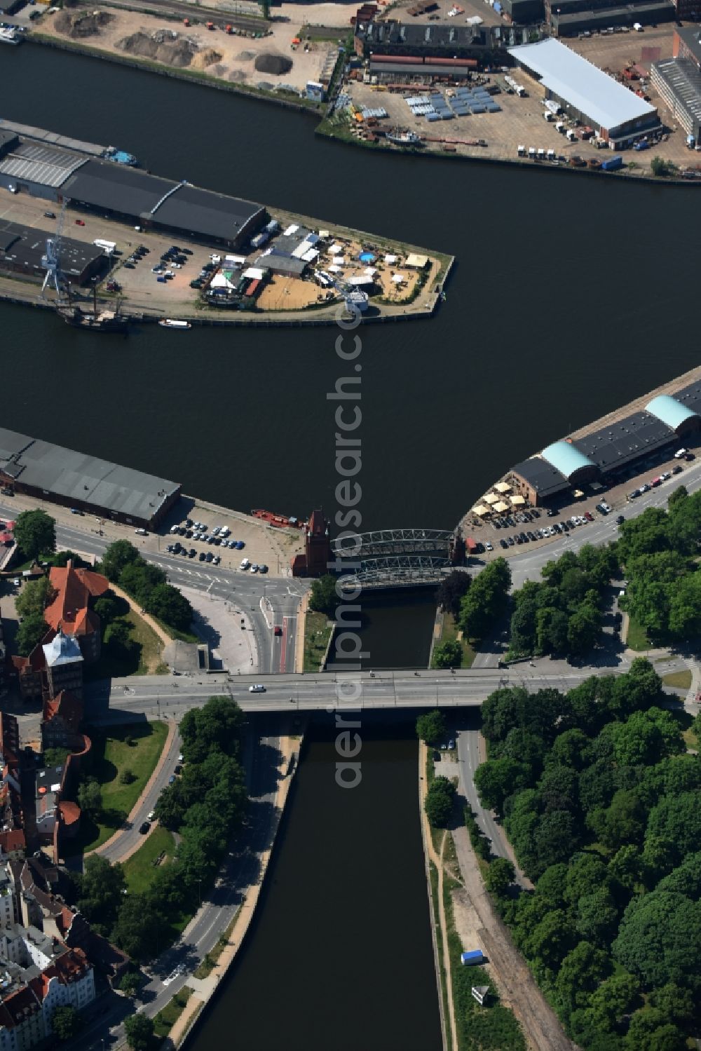 Lübeck from above - The Marstall bridge a lift bridge over the Elbe-Luebeck-Canal in Luebeck in the state Schleswig-Holstein