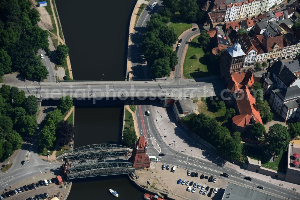 Lübeck from above - The Marstall bridge a lift bridge over the Elbe-Luebeck-Canal in Luebeck in the state Schleswig-Holstein