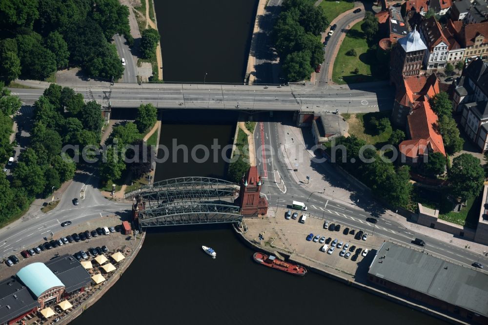 Lübeck from the bird's eye view: The Marstall bridge a lift bridge over the Elbe-Luebeck-Canal in Luebeck in the state Schleswig-Holstein