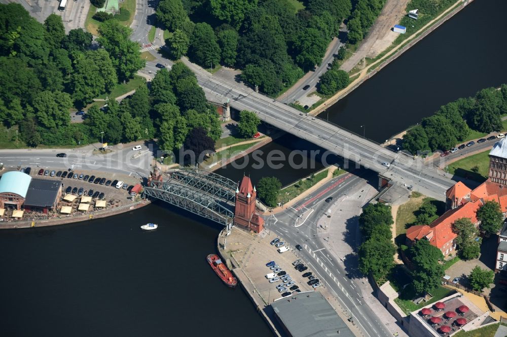 Lübeck from above - The Marstall bridge a lift bridge over the Elbe-Luebeck-Canal in Luebeck in the state Schleswig-Holstein