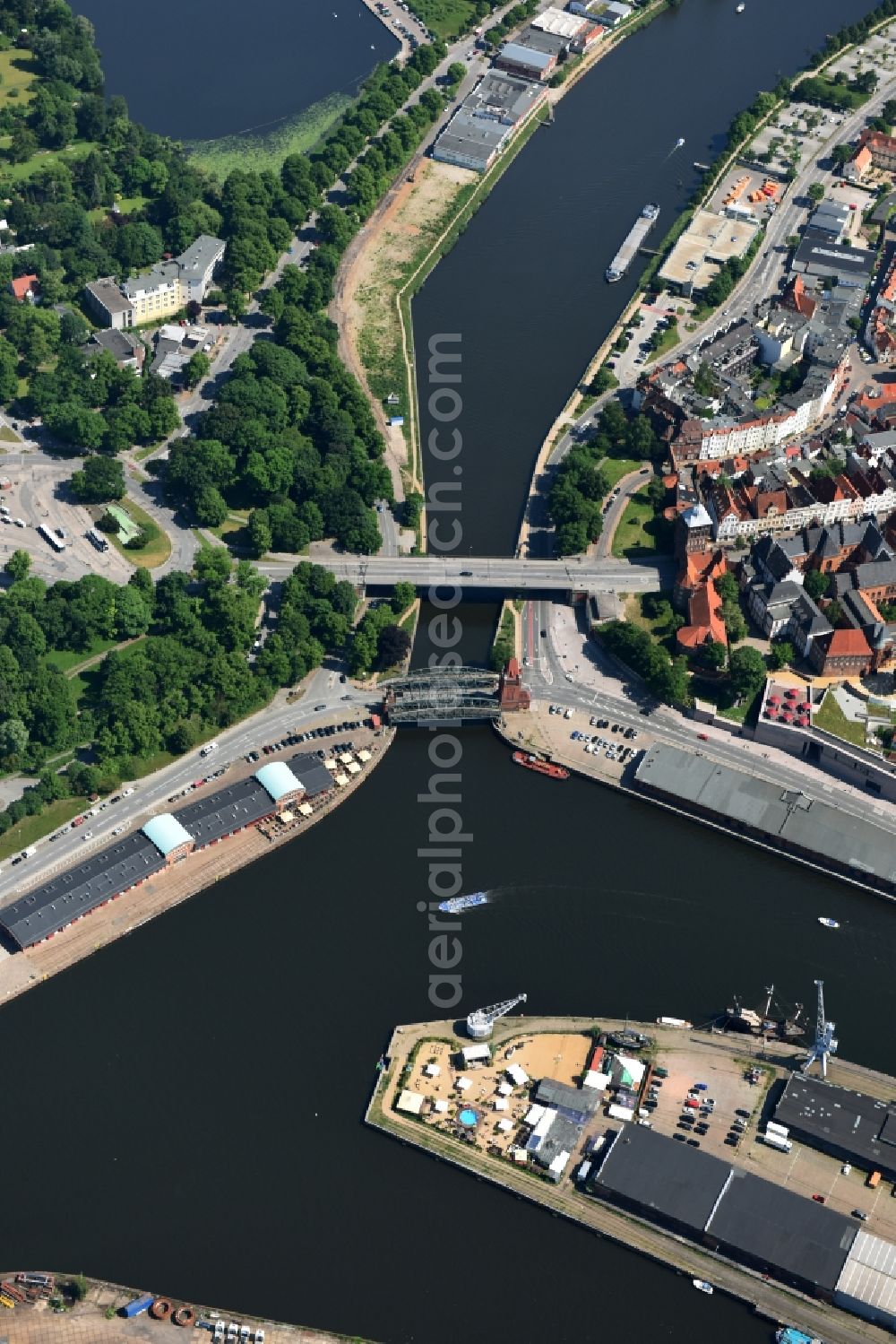 Lübeck from above - The Marstall bridge a lift bridge over the Elbe-Luebeck-Canal in Luebeck in the state Schleswig-Holstein